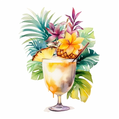 clipart, pinacolada cocktail, watercolor, white backround, bold outlines, hd, flowers
