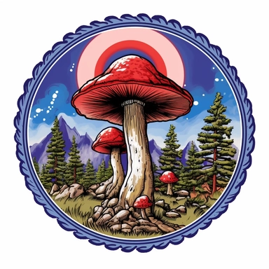 graphic bold, magic mushroom round logo, clipart, Colorado state flag colors