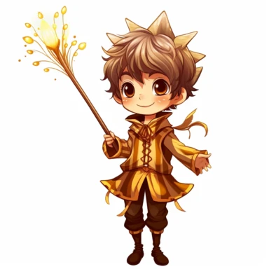 a cute fairy boy in a brown and gold outfit standing with his wand with his little winigs spread. he is smiling because he knows his friends will soon arrive, for clipart with a white background