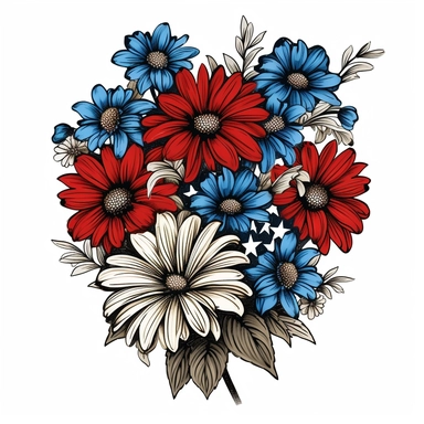 American Flag red white and blue daisy flowers clipart with thin black outline on plain white background