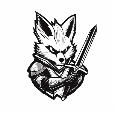 2D Black logo on a white background. Black and white medieval fox sword in hand. Determined Clipart. NO SHADING. KEEP THE LOGO SIMPLIFIED