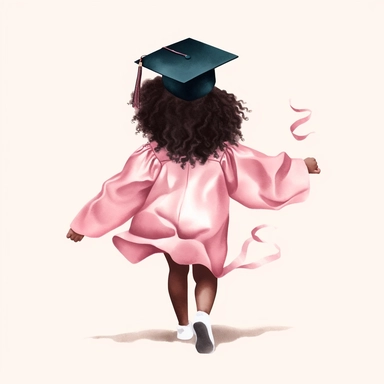 a black toddler girl graduate, with long afro hair, wearing a pink graduation cap and gown, 3k graduation, backview, jumping, faceless, bold watercolor clipart