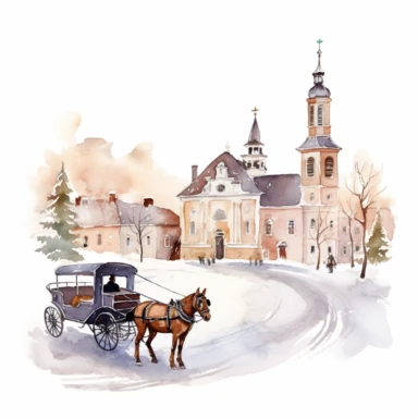 A watercolor painting of a snowy town with a church and a horse-drawn carriage, Watercolor clipart, isolated on white background