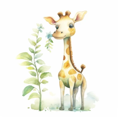 cute giraffe, stretching its long neck to reach leaves, soft pastel colors, clipart, on a white background