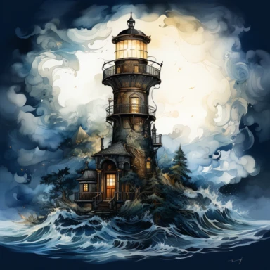 Dark fantasy lighthouse Clipart, Watercolor, hyper realistic, intricate detail, illustration style, high resolution, on the white background