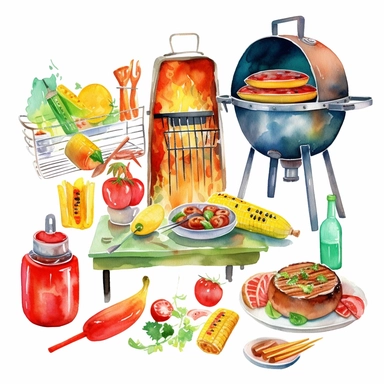 colorful watercolor barbeque clipart, in the style of whimsical cartoon-style, various goods, fun, summer equipments, jcore, playful, youthful images, iso 200, manapunk, primary colors, white background