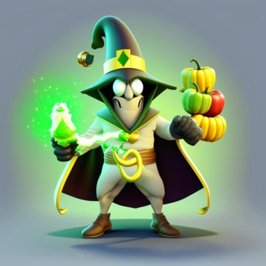 3D magical sorcerer with food and with 5 magical shiny rings in one hand and the other haver a magical banana wand with Green shiny Cartoon clipart mascot , 128K super mega pixel, insane detail, hyper-detailed, with huge details, UHD, 8K, transperent background