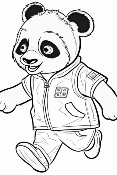 coloring book page for kids, cute little running panda bear in human costume, clipart, cartoon children's stylehand drawn line art, black and white, no background
