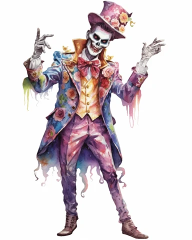 watercolor clipart of a mardi gras zombie , isolated on white background, hyper realistic