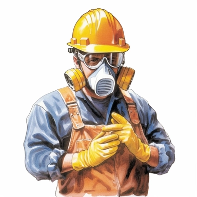 On a clean, white background, visualize a worker properly equipped with personal protective equipment (PPE). The worker is seen wearing safety goggles, a hard hat, gloves, ear protection, and a respiratory mask. Each piece of equipment is clearly visible and well-fitted, indicating the correct usage. The style should be clipart-like, with clear lines and bright colors to emphasize the importance of using protective equipment. The image should be highly detailed and in high-resolution 16k.
