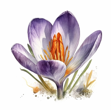 watercolor clipart, beautiful loose single crocus flower, white background, no watermark, no logo, no text, no words