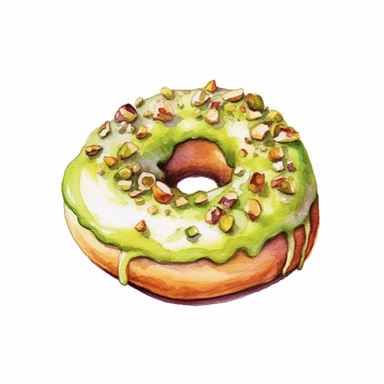 a beautiful detailed watercolor artwork of delicious Pistachio donut donut, food art, clipart, clear border, hd, on white background,
