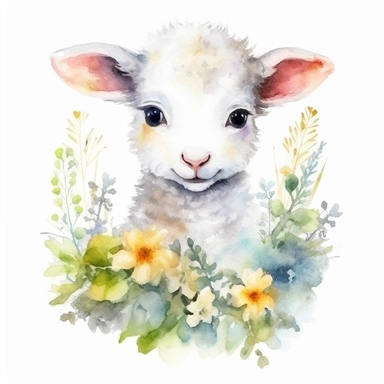 Watercolor Cute Little Baby Sheep, Clipart, Surrounded by flowers, White Background, Isolated, Outlined