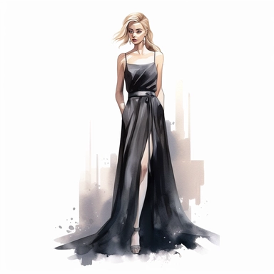 Watercolor full body girl wearing black elegant party dress drawing, illustration clipart, high detailed, white background, digital art