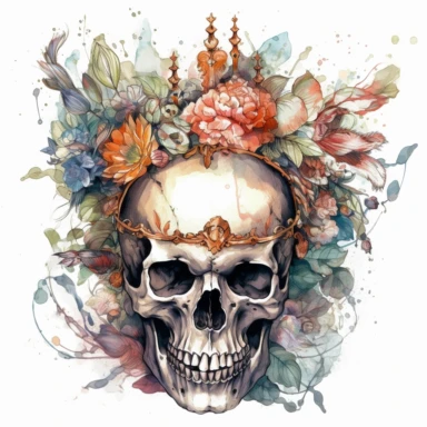 Create a clipart image of a human skull adorned with a magnificent floral crown, inspired by the watercolor style of Enki Bilal. The crown should feature a diverse array of intricate flowers, each unique in color and form, symbolizing the triumph of life over death. The composition should be set against a white background, allowing the vibrant colors and rich details of the floral arrangement to stand out. include roses, leaves and dead twigs