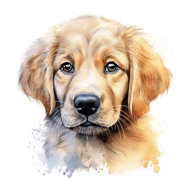 close up high detailed, Hand drawn watercolor clipart of a cute Golden Retriever puppy tilting head looking straight at me, on a white background