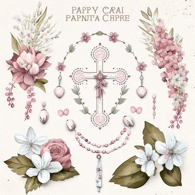 catholic rosary clip art props , boho pink and white watercolor flowers
