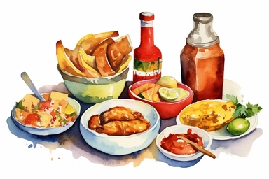Watercolor, Cuban, Hispanic cuisine, clipart, hd, on a white background, spaced out