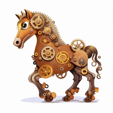friendly horse with cute eyes, standing up, in the style of steampunk, clipart, white background, lots of cogs
