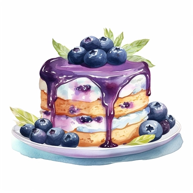 a realistic watercolor of a blueberry cake, victorian style blueberry academia, blueberry purple nuances, vector free clipart illustration, in the style of unreal engine 5, 32k uhd, detailed features, white background