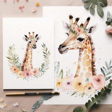 cute pair of mother and daughter giraffes clipart with watercolor illustration,8k,etsy style--ar 2:3