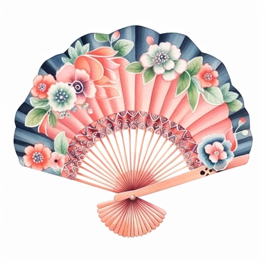 a cute one Japanese Folding Fan , decorate with japanese motifs ,watercolor Sublimation graphics, hand drawn illustration by katie daisy, Watercolor clipart, single design, single object, print on demand image, PNG transparent background, white background for removing background - - no text shadow font watermark, 8k