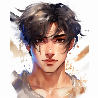 watercolor Aladdin, skin is tan, hair is dark, styled in a short, messy cut, beautiful face, clipart, white background, by Kawacy