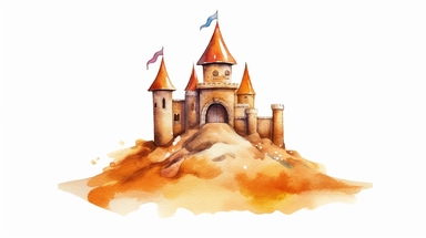 watercolor of a cute clipart sand castle, full body, white clear background, zoom in, HD