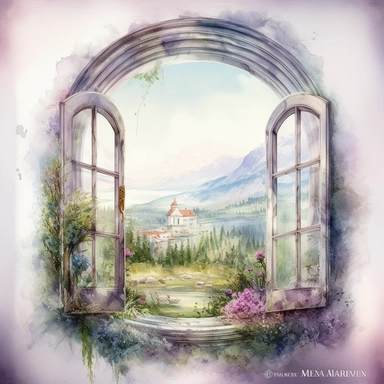 watercolor mixed media fantasy art, a window from inside the white house, the window shows the landscape from the garden with lavender and a road going into the mountains, moss and a lot of lavender, masterpiece by Hans Zatzka and by Alexander Jansson and by Ryohei Hase, Baroque Architecture, PNG clipart, isolated on white, extreme photorealistic details, 32k HD resolution, realistic high detailization high resolution