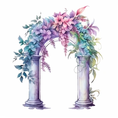 vector clipart, isolated on white background, beautiful lovely Watercolor Spring Floral Wedding narrow metal Arches, a lot of colorful flowers, Branches and leaves, clear curtains, ornated, pastel colors