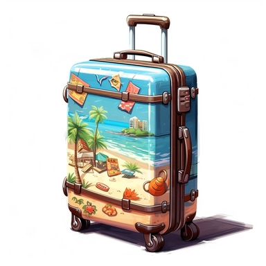 a single clipart image png graphic of a Realistic Painting Clipart Beach Vacation Luggage PNG Illustration, very detailed, Cartoon,hyper realistic, intricate detail, illustration style,high solution,on the white background