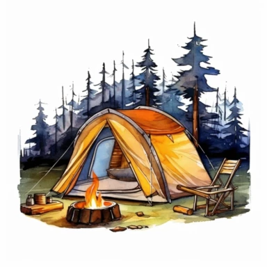 camping style cute camping tent in the campground at the night with watercolor effect,night landcsape,camping tools,camping chairs and table,forest landscape,suitable for digital clipart,white background Clipart ,Cartoon,hyper realistic, intricate detail, illustration style,high solution,on the white background