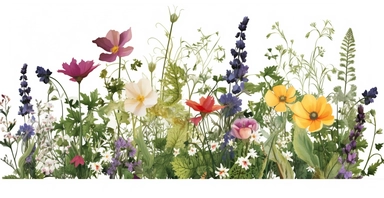 Pressed boho cottagecore snapdragon, cosmos, lupine, anemone and columbine floral border wildflowers with green foliages floral nature garden border, clipart with white background
