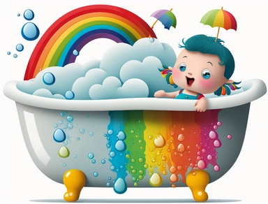clipart image of claw foot tub, cartoon little girl, with rainbow bubbles, transparent background, logo, png, high quality, 4k,