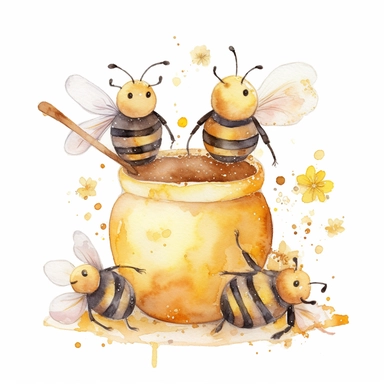 watercolor busy bees cute clipart high resolution, with honey pot and honey spoon on whitebackground
