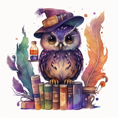 Watercolour cute witches owl, wearing a witch hat, clipart. The owl is sitting on a bookshelf, surrounded by books and potions. Its feathers are a mix of dark and orange shades, and its eyes are looking directly at the viewer. The witch hat has a purple ribbon, and the owl is holding a feather quill in its wing. The bookshelf is in a dark, candlelit room, with cobwebs and a cauldron in the corner. The books have titles like The Art of Witchcraft and Magical Potions and Spells. The potions on the