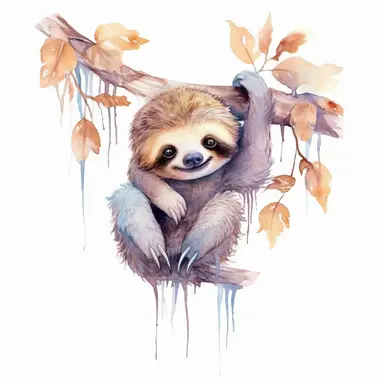 A sloth hanging upside down from a branch, looking adorable with its paws curled up, pastel colors, light watercolor, watercolor splash, few details, Studio Ghibli, clipart, white background
