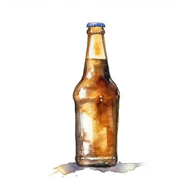 one watercolour clipart bottle of beer on a white background, in the style of golden age illustrations, villagecore, textured illustrations, high resolution, white and brown, solapunk, melting pots , no watermark, text, words, paintbrush, 300 DPI, typography, the images do not stick together, no text in the picture, no text in the picture