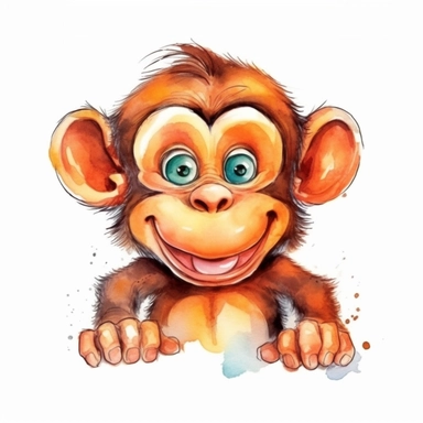 cartoon funny happy monkey illustration clipart, detailed, black outline, white background, 4k, watercolor, digital art