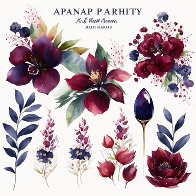 Burgundy Navy Watercolor Elegant Floral Clipart banner, Watercolor Flowers in the style of clipart banner. Burgundy Navy flowers clipart. white background