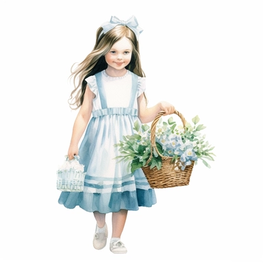 watercolor, hyper realistic, white background, white margins, 16k, ultra detailed clipart, cut out image, hand-drawn a female in a dress with flowers and basket in front of her, in the style of dark white and light blue, children's book illustrations, soft watercolours, pictorial fabrics, light emerald and light brown, light white and light blue, magical, backview