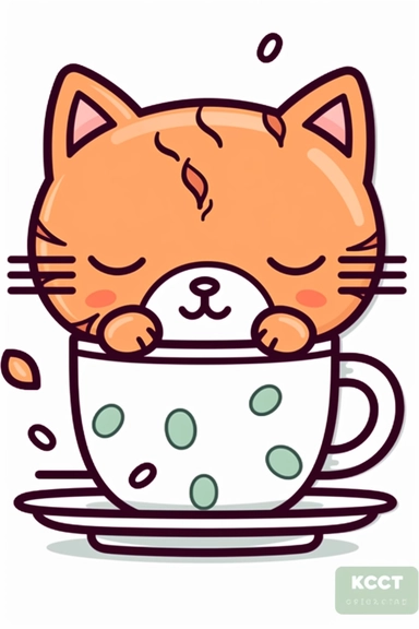 cute kawaii [cat in the coffee cup] icon, coloring page for kids, full page pattern, made with illustrator, clean, bright colors, bold lines, 2D flat vector, bright and colorful, white background, sticker, japanese, outline, isolated, black and white, lin