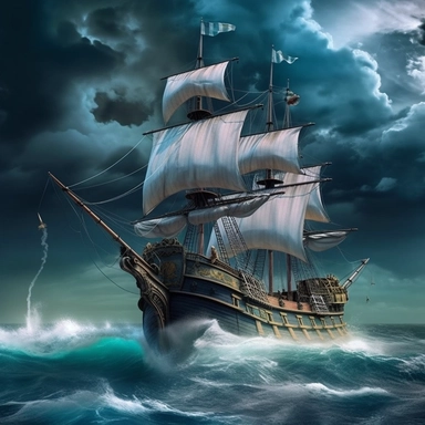 Can you generate a cute semi-realistic 3d image of an ocean background suitable for use as a backdrop for clipart? The image should depict a pirate ship caught in a storm at sea, tropical ocean with crashing waves and a blue sky with dark clouds. The focus should be on the ship and surface of the ocean, rather than below the surface, and there should be no other distracting elements in the image.