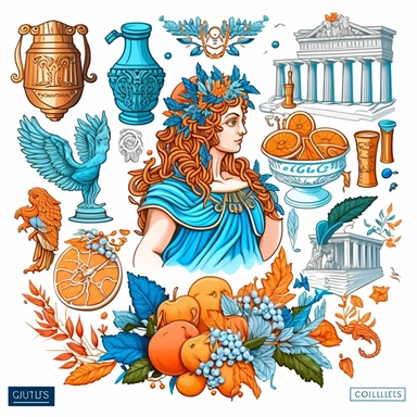 Greece MYTHOLOGY CLIPART - Main color theme: blue , white and orange , greek , Detailed, cute , sweet, highly realistic ,high resolition,no captions ,on a white background