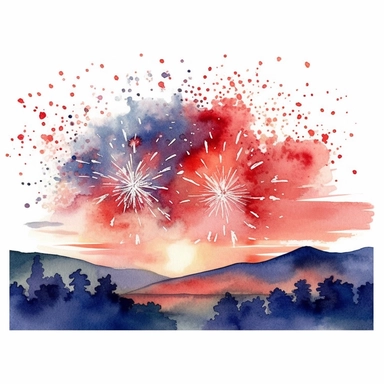 4th of July red white and blue Firework watercolor clipart, detailed, in the sky during sunset over a hill, white background