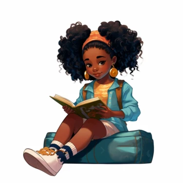 a little black girl reading, retro clothes, laughing, sittting down, disney clipart