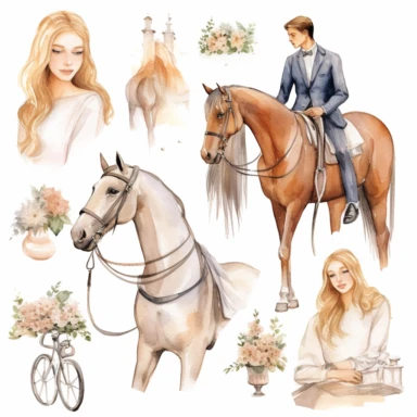 Very cute wedding illustrations clipart set, newlyweds riding a horse, on a white background separate elements with a margin, watercolors, husband and wife on their wedding day riding a horse together, love