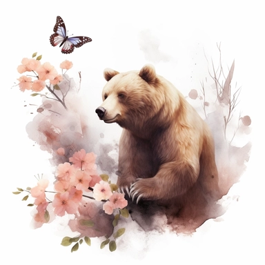 Generate a cute, happy cartoonish watercolor-style clip art of a mystical brown bear on its back, in pastel light tones, Oak tree, birds, leaves, and flowers around the brown bear, white canvas, white background, high detail, 8k