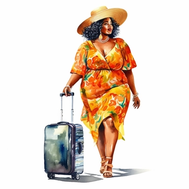 Realistic watercolor full body glamourous fat black woman, 35 year old lady with luggage, summer hat, clipart, cozy, bright warm colors, character design, highlydetailed, full body, isolated on white background