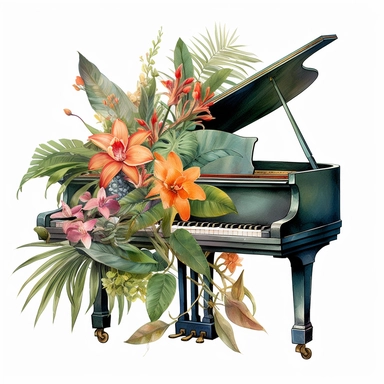 baby grand piano tropical floral clipart, varying angles and orientations white background